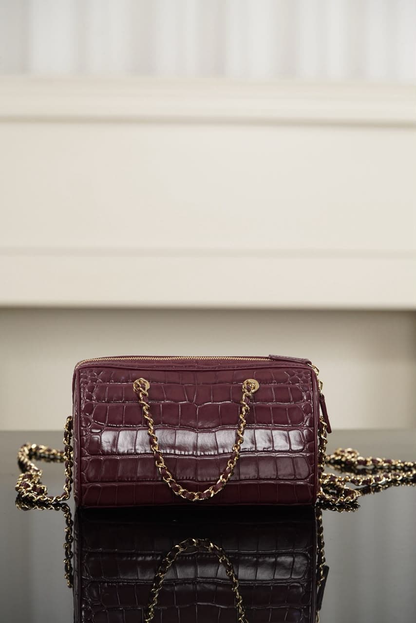 Chanel 26A Crocodile-Embossed Bowling Bag – Burgundy — Bags