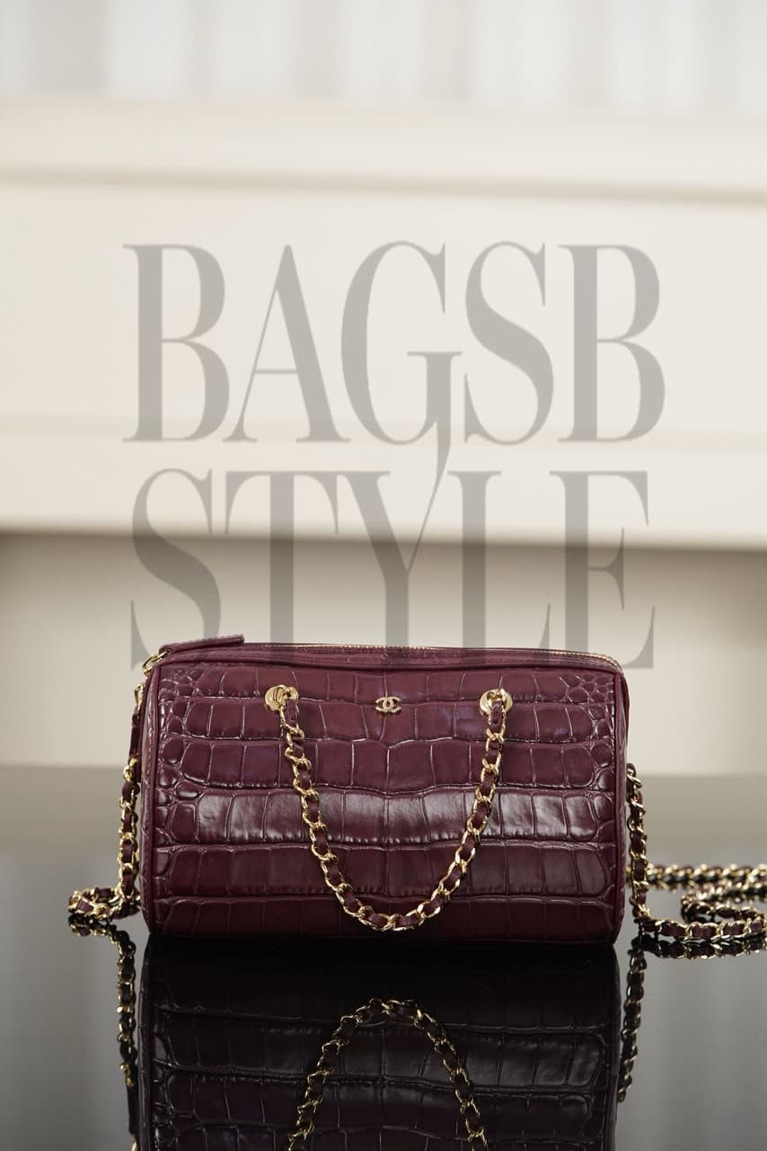 Chanel 26A Crocodile-Embossed Bowling Bag – Burgundy — Bags