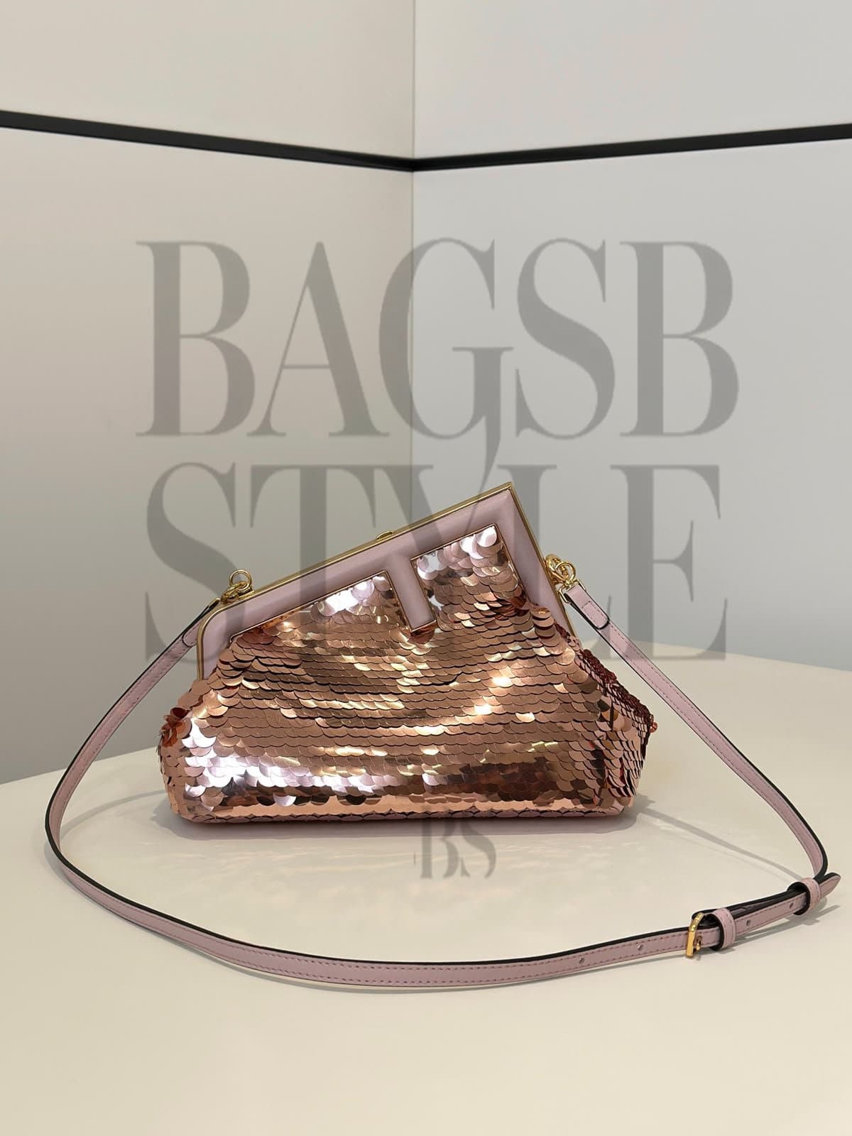FENDI SMALL FIRST CLUTCH BAG SEQUIN PINK (26 × 18 × 9.5 cm) — Bags