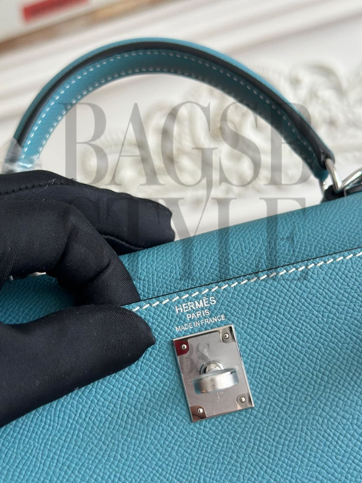 HERMÈS MASTER KELLY 28 DENIM BLUE SELLIER PALLADIUM (28 × 22 × 10 cm) — Bags