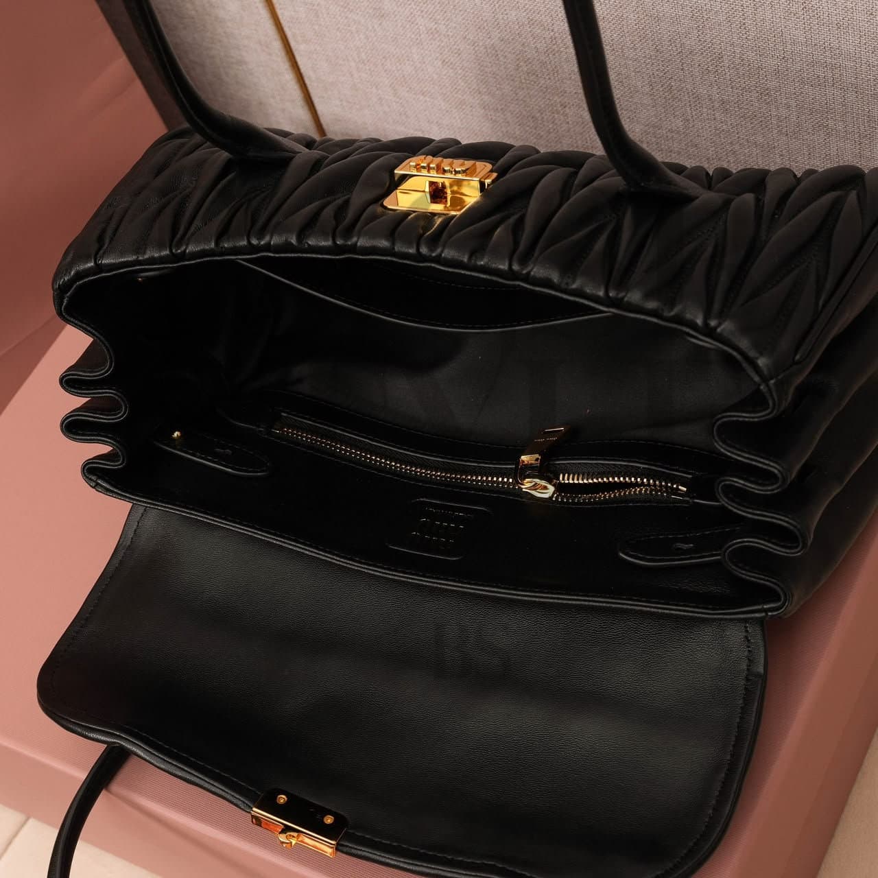 MIU MIU BLACK MATELASSÉ NAPPA LEATHER SHOULDER BAG 5BD265 (28 × 15 × 11 cm) — Bags