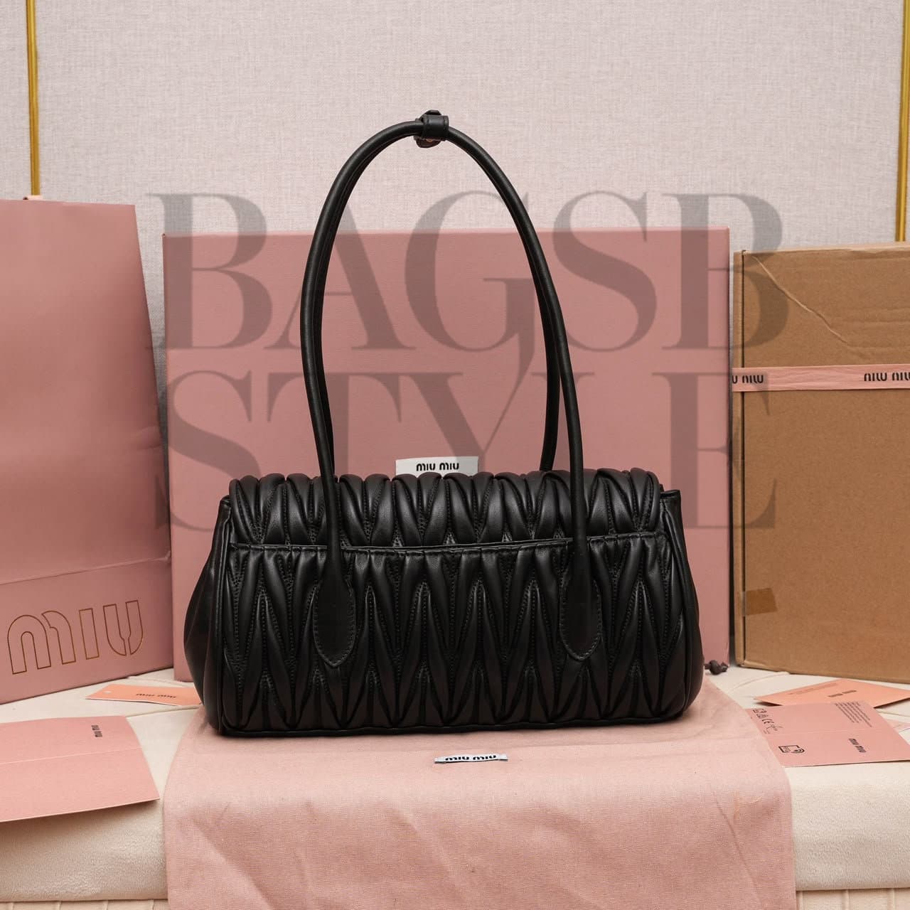 MIU MIU BLACK MATELASSÉ NAPPA LEATHER SHOULDER BAG 5BD265 (28 × 15 × 11 cm) — Bags