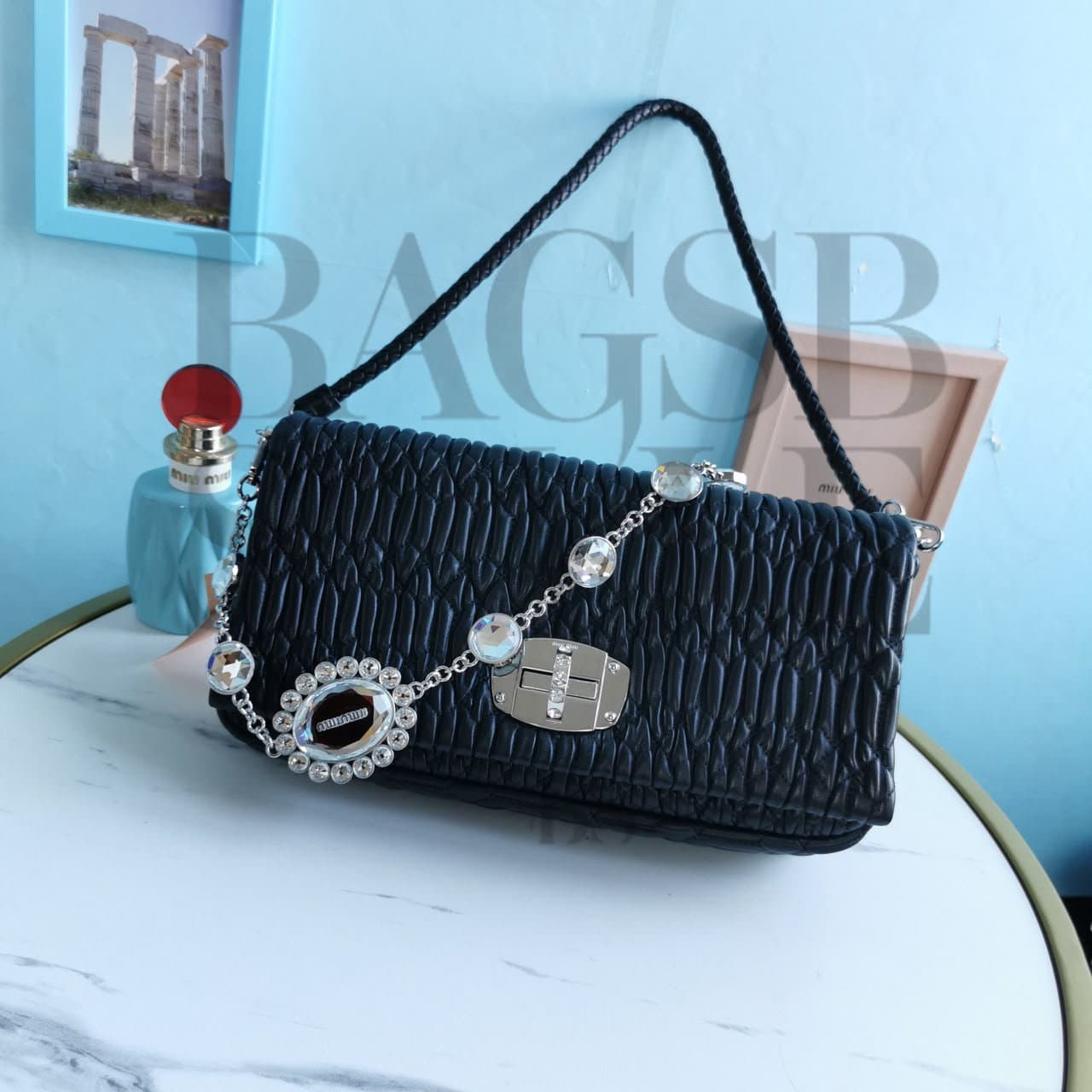MIU MIU ICONIC CRYSTAL LEATHER BAG 5BD233 (28 × 14 × 3 cm) — Bags