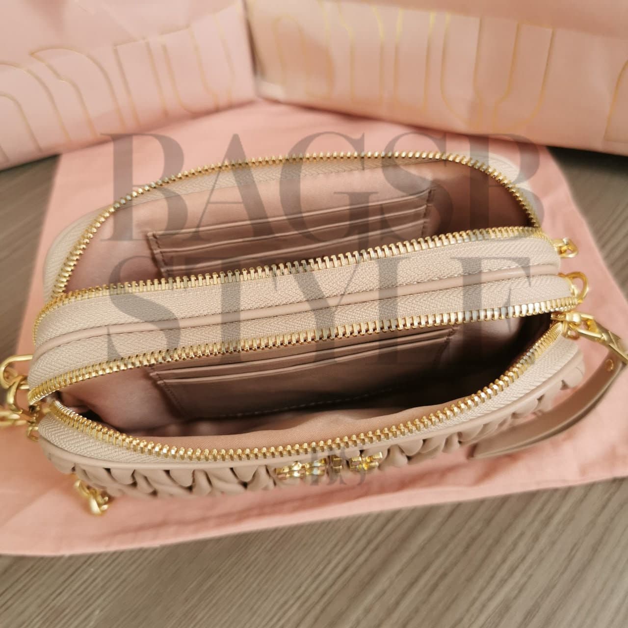 MIU MIU MATELASSE NAPPA LEATHER DOUBLE-LAYER CROSSBODY CAMERA BAG 5BP045 (18 × 10 × 5 cm) — Bags