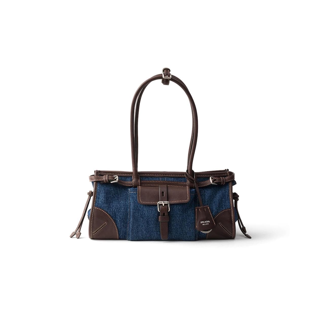 PRADA BONNIE MEDIUM DENIM AND LEATHER HANDBAG 1BA426 (32*15.5*12cm) — Bags