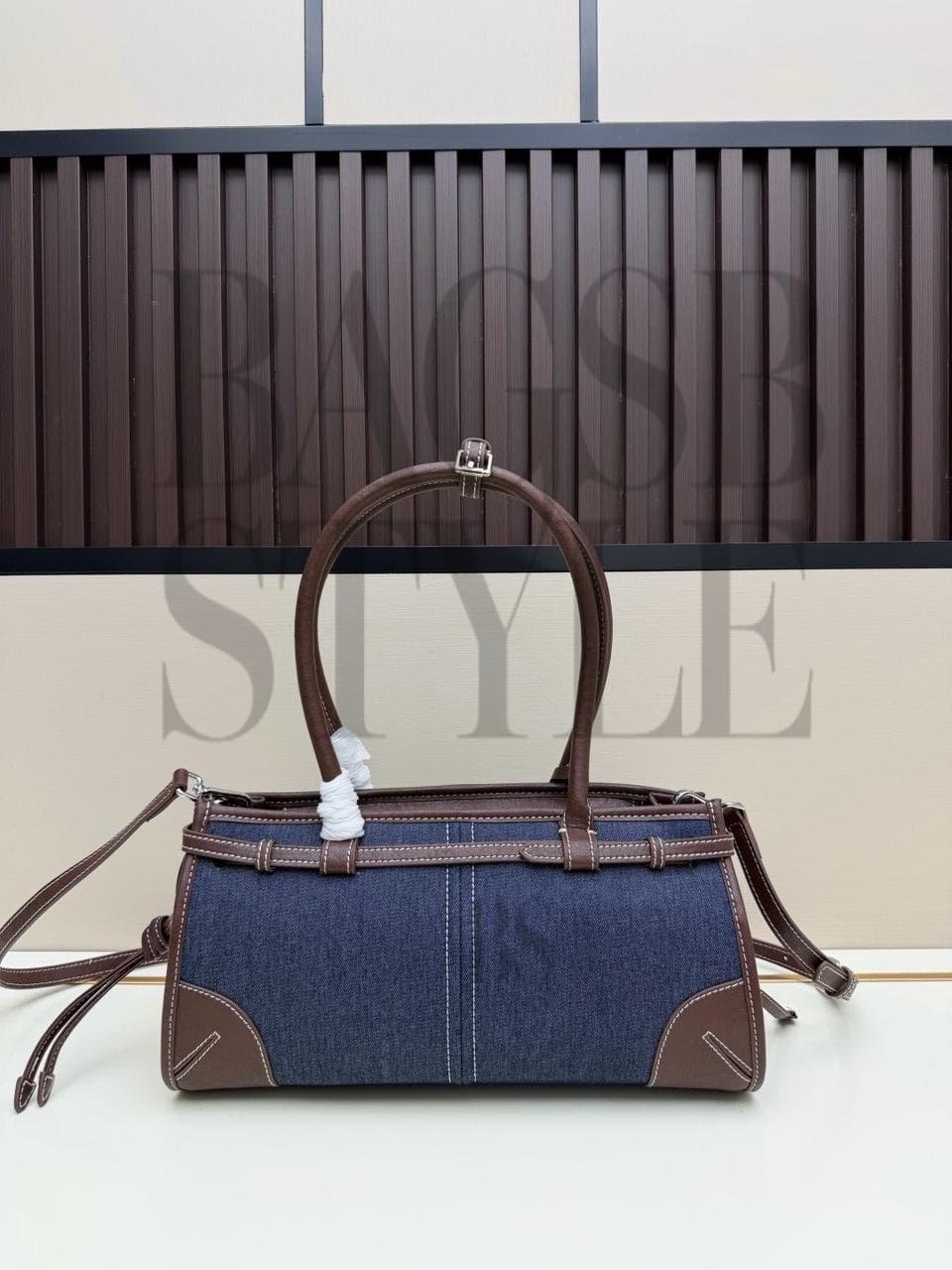 PRADA BONNIE MEDIUM DENIM AND LEATHER HANDBAG 1BA426 (32*15.5*12cm) — Bags