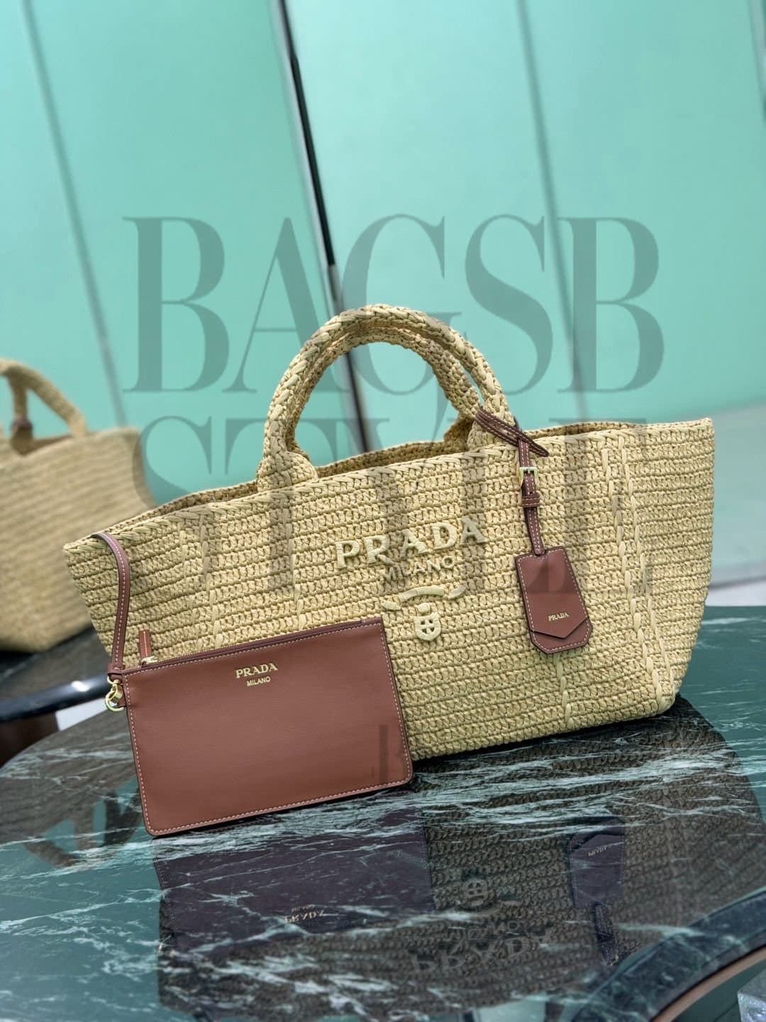 PRADA LARGE CROCHET TOTE BAG WITH LEATHER DETAILS 1BG635 (35*23.5*22cm) — Bags
