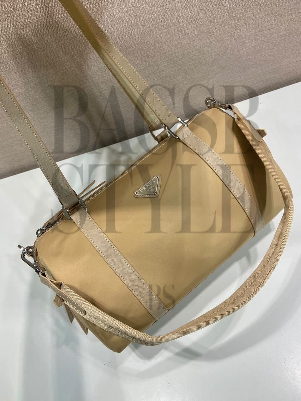 PRADA LARGE RE-NYLON LEATHER DUFFEL BAG 1BB154 (32.5 × 17 × 16.5 cm) — Bags
