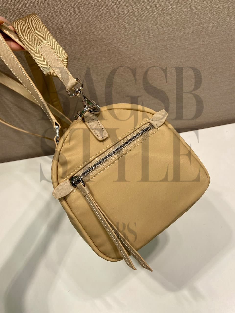 PRADA LARGE RE-NYLON LEATHER DUFFEL BAG 1BB154 (32.5 × 17 × 16.5 cm) — Bags