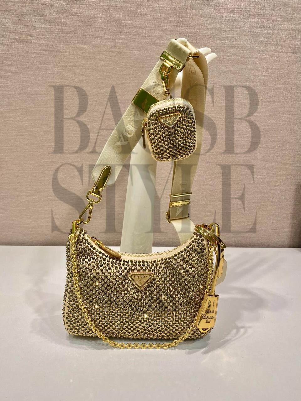 PRADA RE-EDITION CRYSTAL-EMBELLISHED SHOULDER BAG 1BH204 (22*12*6cm) — Bags