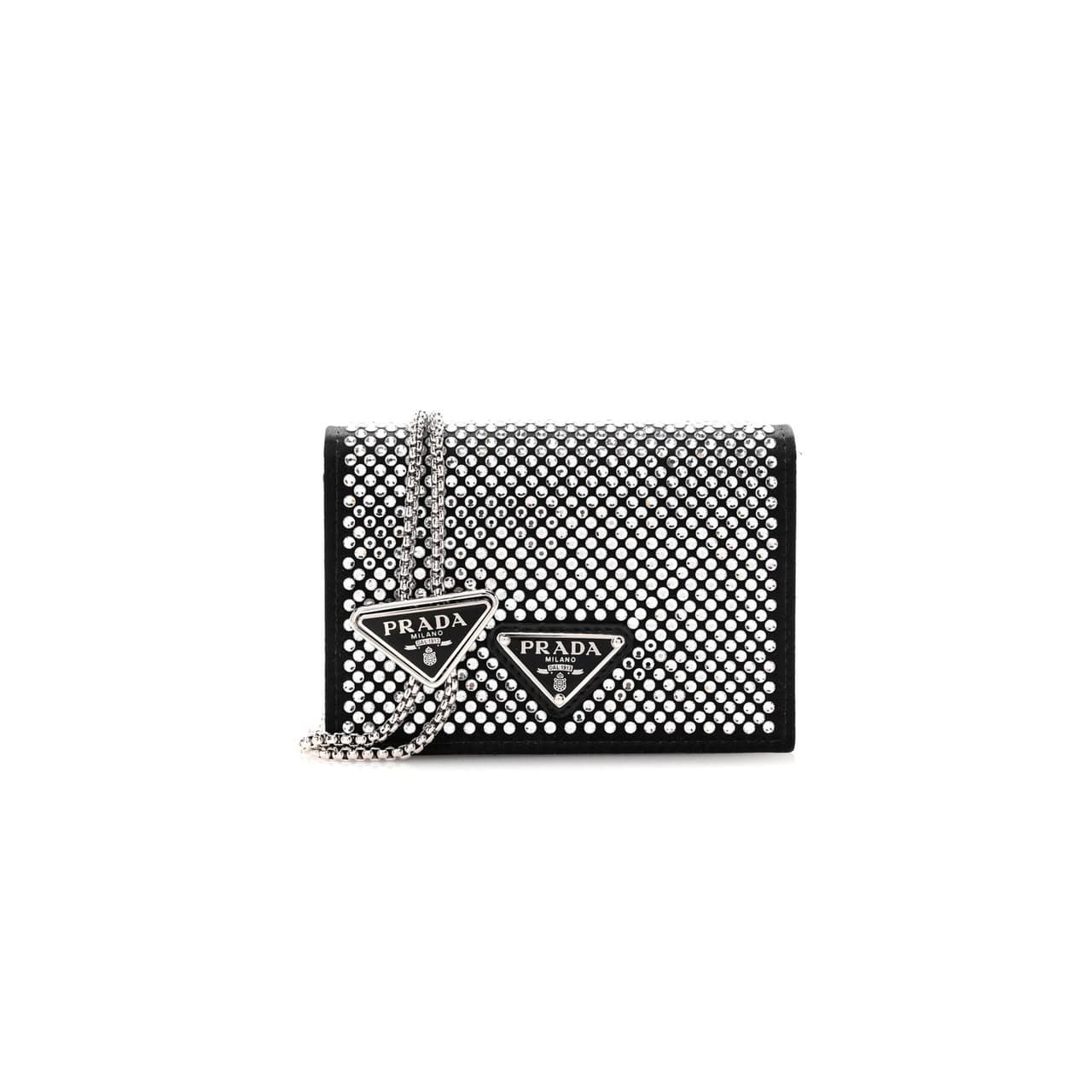 PRADA SATIN CRYSTAL METAL TRIANGLE LOGO CARD HOLDER WITH STRAP CRISTAL 1MR024 (11.5*8cm) — Bags