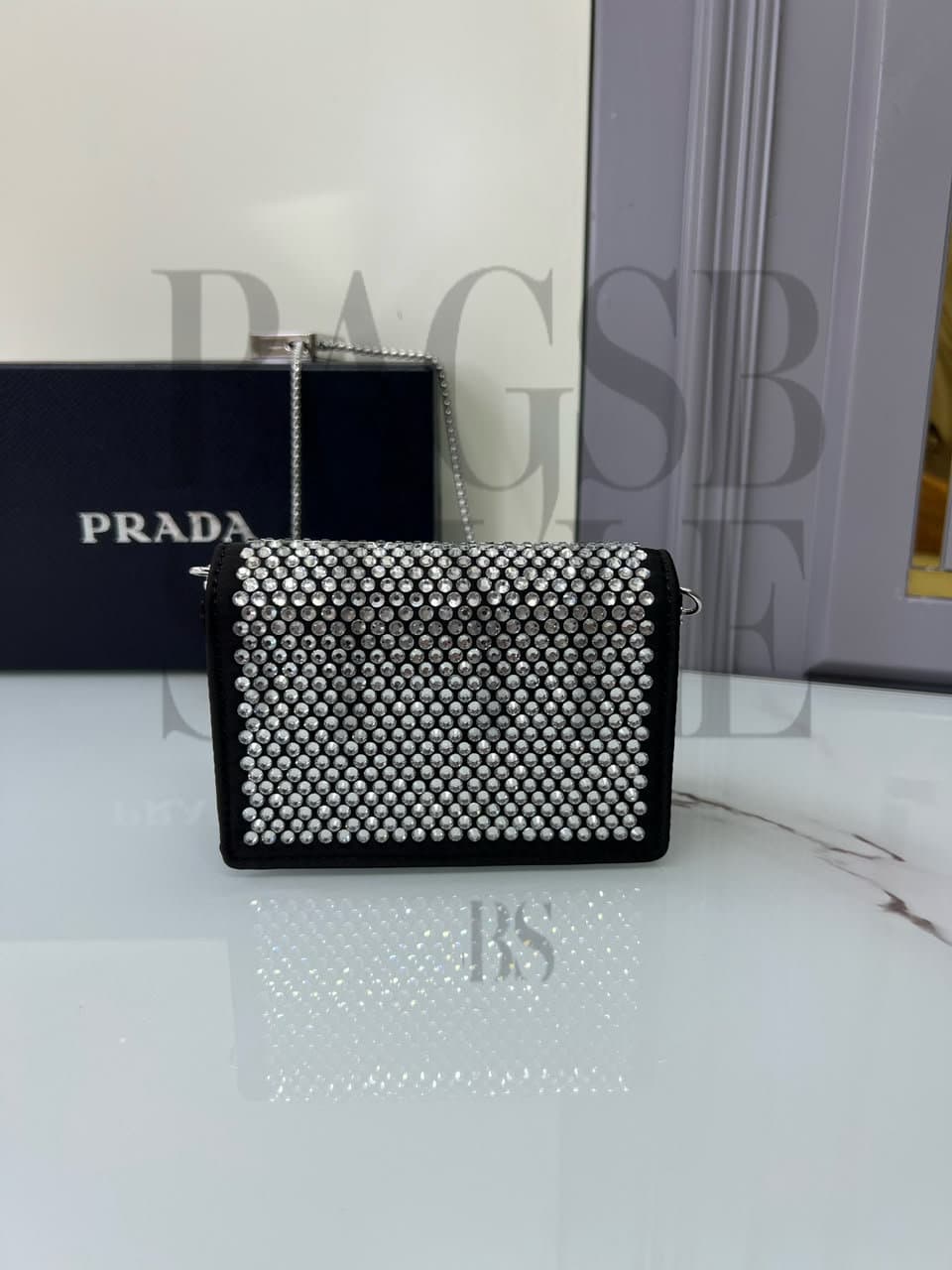 PRADA SATIN CRYSTAL METAL TRIANGLE LOGO CARD HOLDER WITH STRAP CRISTAL 1MR024 (11.5*8cm) — Bags