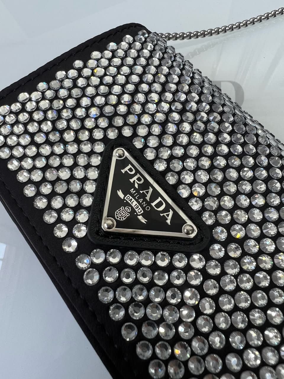 PRADA SATIN CRYSTAL METAL TRIANGLE LOGO CARD HOLDER WITH STRAP CRISTAL 1MR024 (11.5*8cm) — Bags