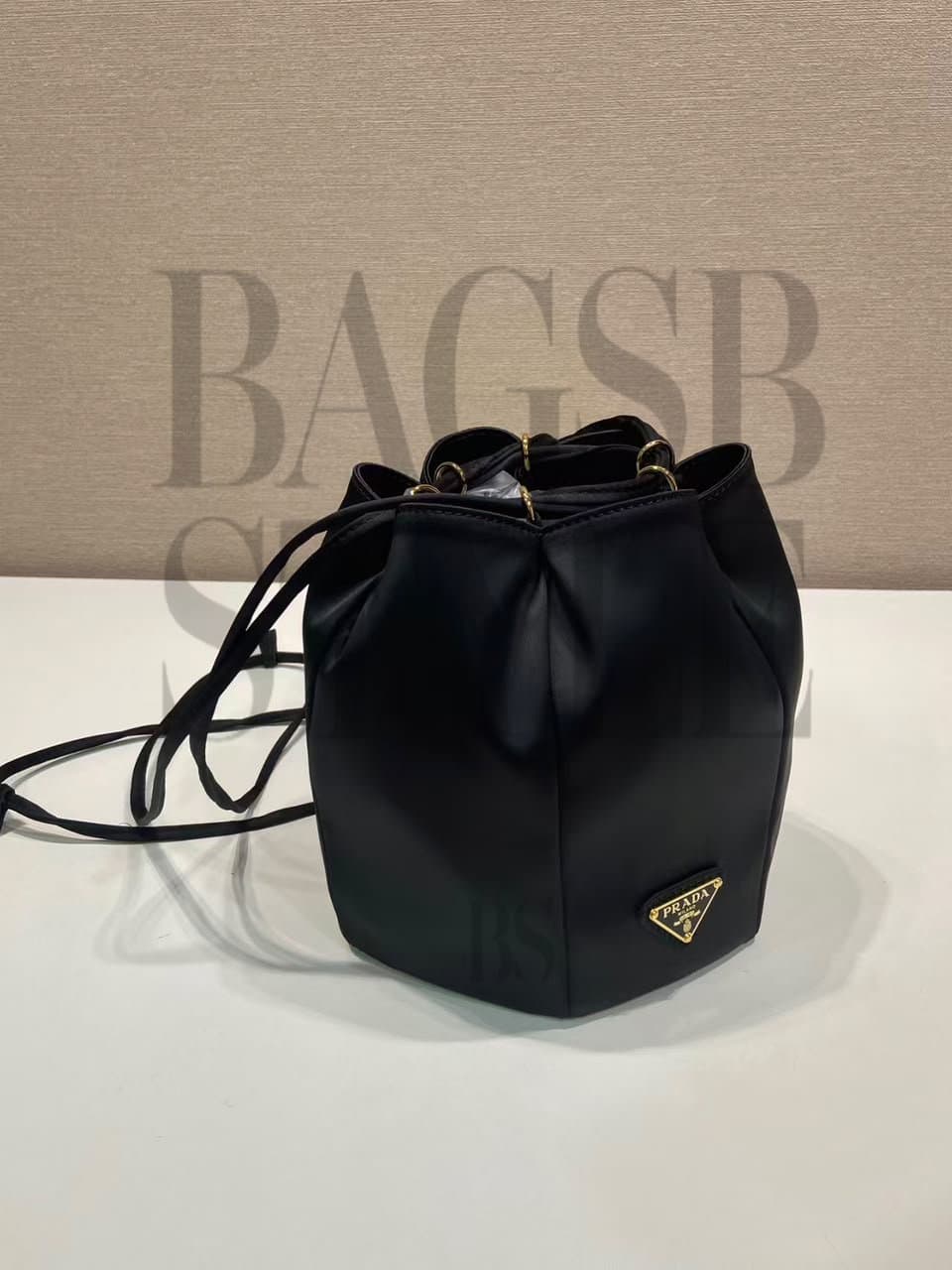 PRADA SATIN MINI BUCKET BAG 1BE103 (18 × 15 cm) — Bags