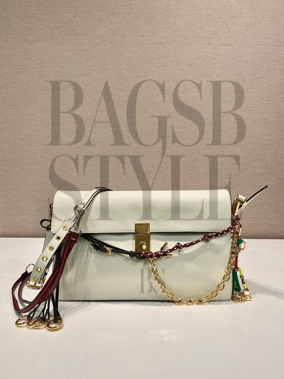 PRADA SOFT SOUND LARGE LEATHER SHOULDER BAG WITH CHARMS 1BD378 (35 × 19.5 × 10.5 cm) — Bags