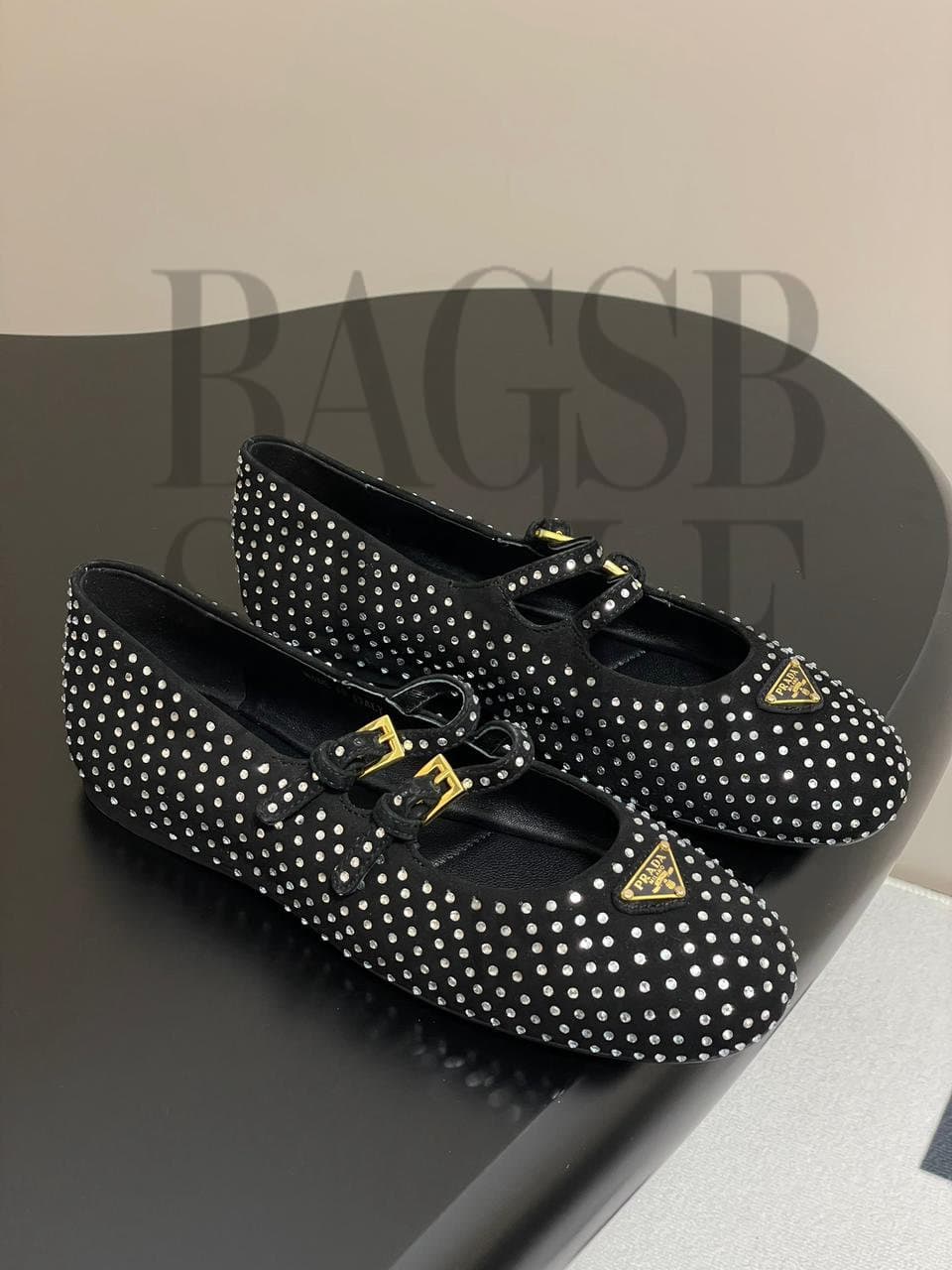 prada Suede Crystal Studded Ballerina