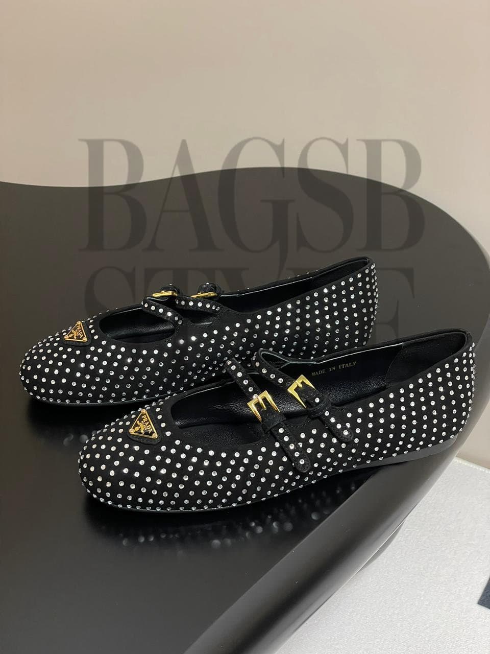 prada Suede Crystal Studded Ballerina