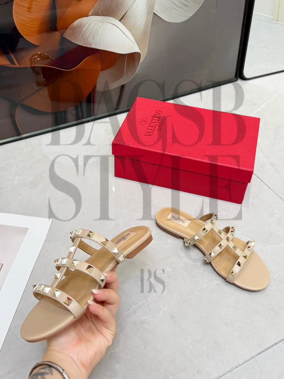 VALENTINO ROCKSTUD LAMINATED NAPPA SLIDE SANDAL 6W2S0C49QKH_I8M — Shoes