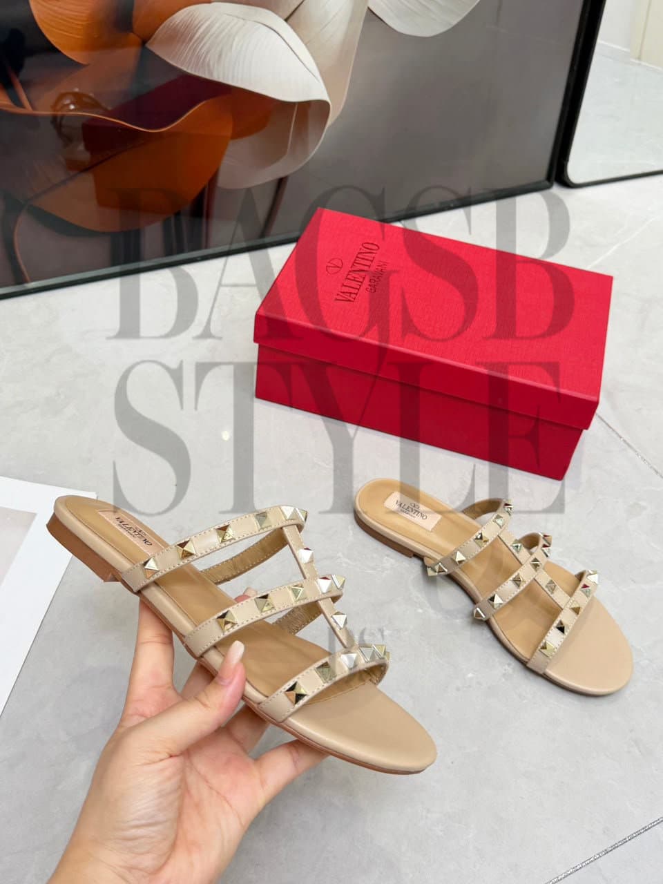 VALENTINO ROCKSTUD LAMINATED NAPPA SLIDE SANDAL 6W2S0C49QKH_I8M — Shoes