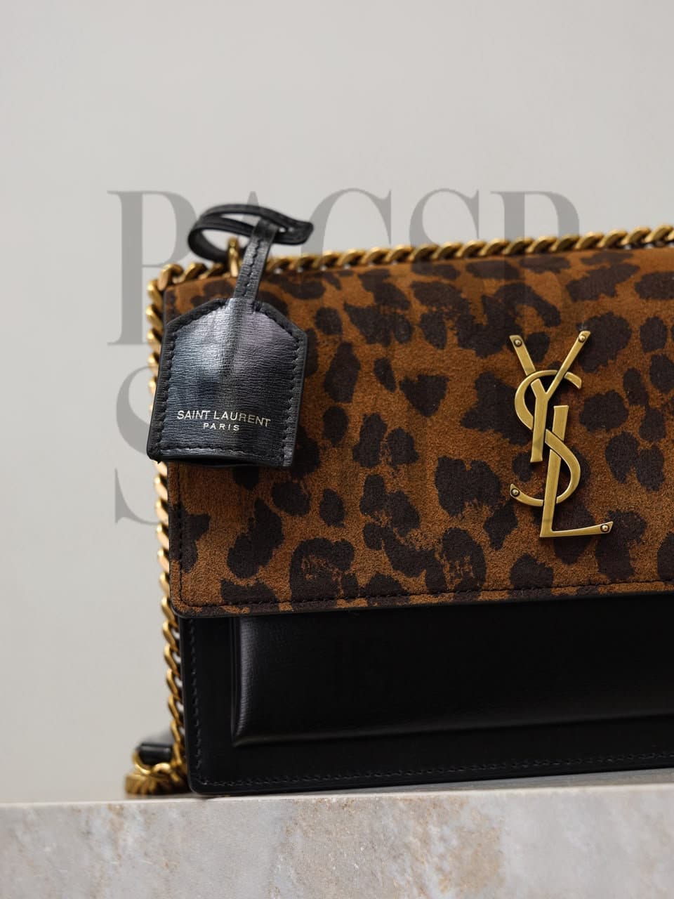 YSL SUNSET MEDIUM SHOULDER BAG IN LEOPARD PRINTED SUEDE 422906 (22*16*8cm) — Bags