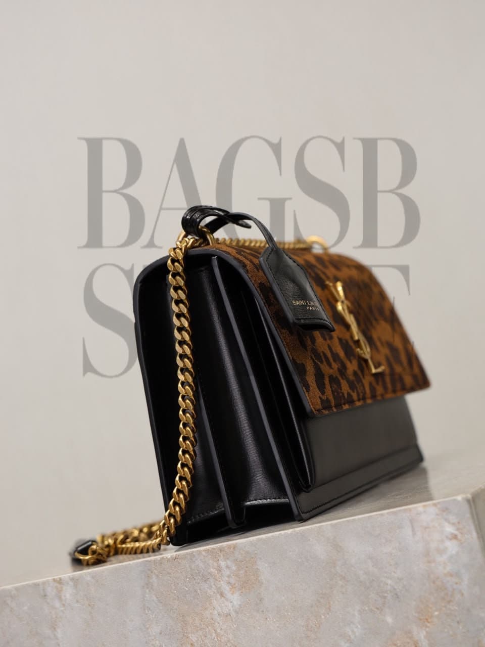 YSL SUNSET MEDIUM SHOULDER BAG IN LEOPARD PRINTED SUEDE 422906 (22*16*8cm) — Bags
