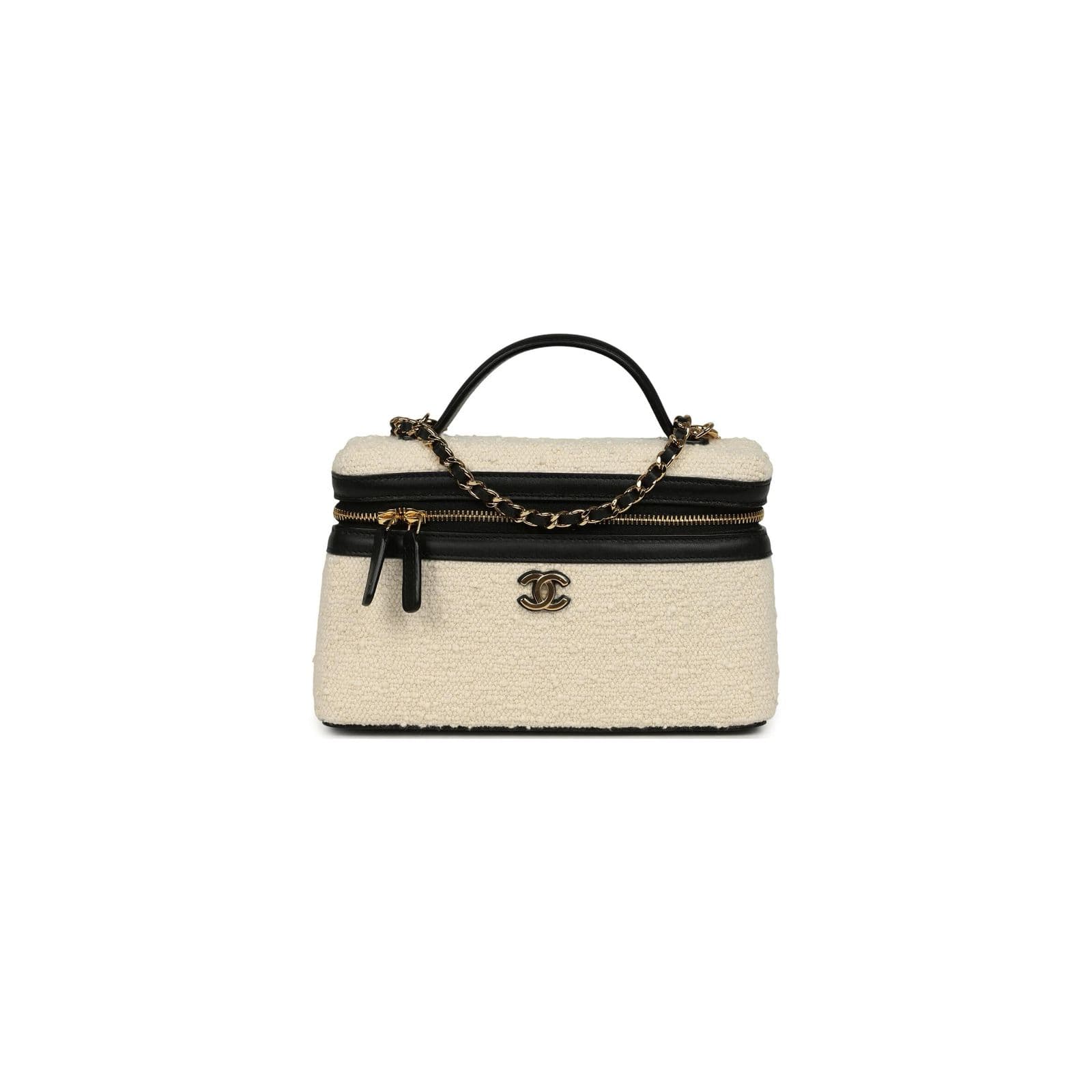 CHANEL MASTER COCO BEACH TOP HANDLE LONG VANITY CASE WITH CHAIN ECRU TWEED AND BLACK CALFSKIN GOLD HARDWARE (19*13*5cm) — Bags