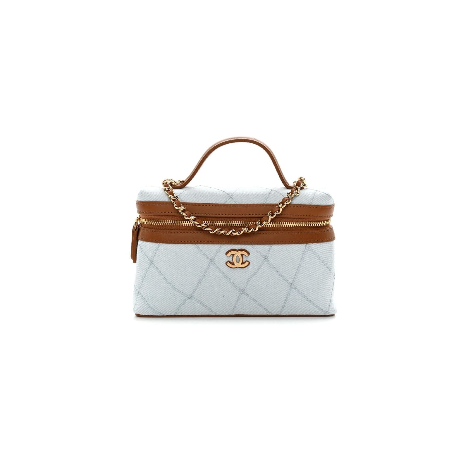CHANEL MASTER WASHED DENIM CALFSKIN QUILTED TOP HANDLE SLIM VANITY CASE WITH CHAIN BLUE BROWN AP5164 (19.5*17*5cm) — Bags