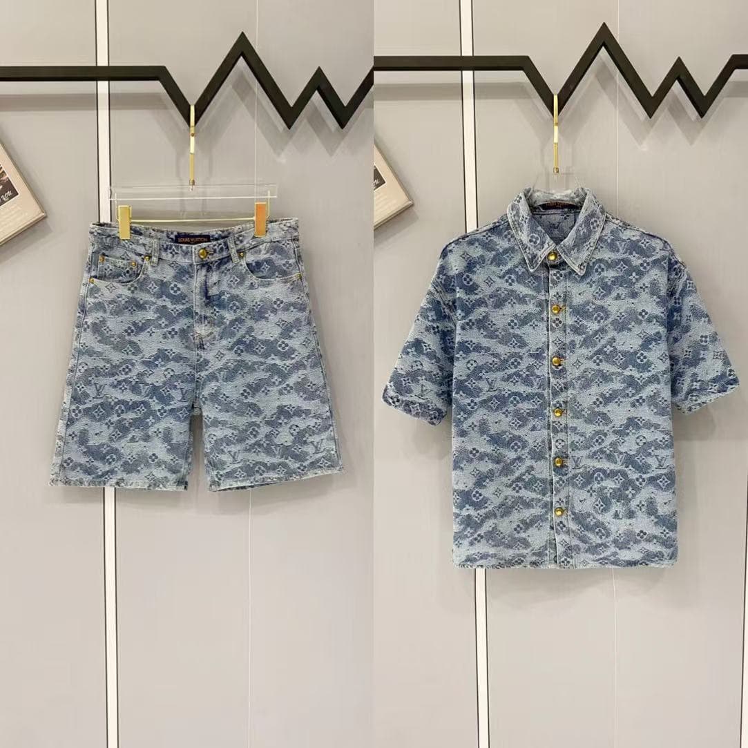 Louis Vuitton 2026SS Monogram Jacquard Denim Set – Premium Washed Grey Unisex Shirt & Shorts — Clothes