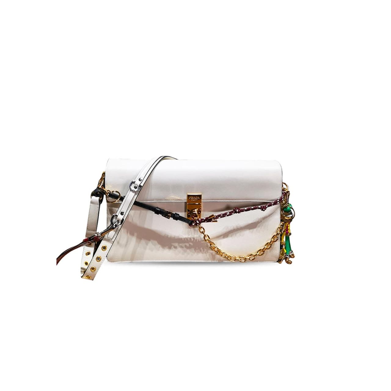 PRADA SOFT SOUND LARGE LEATHER SHOULDER BAG WITH CHARMS 1BD378 (35 × 19.5 × 10.5 cm) — Bags
